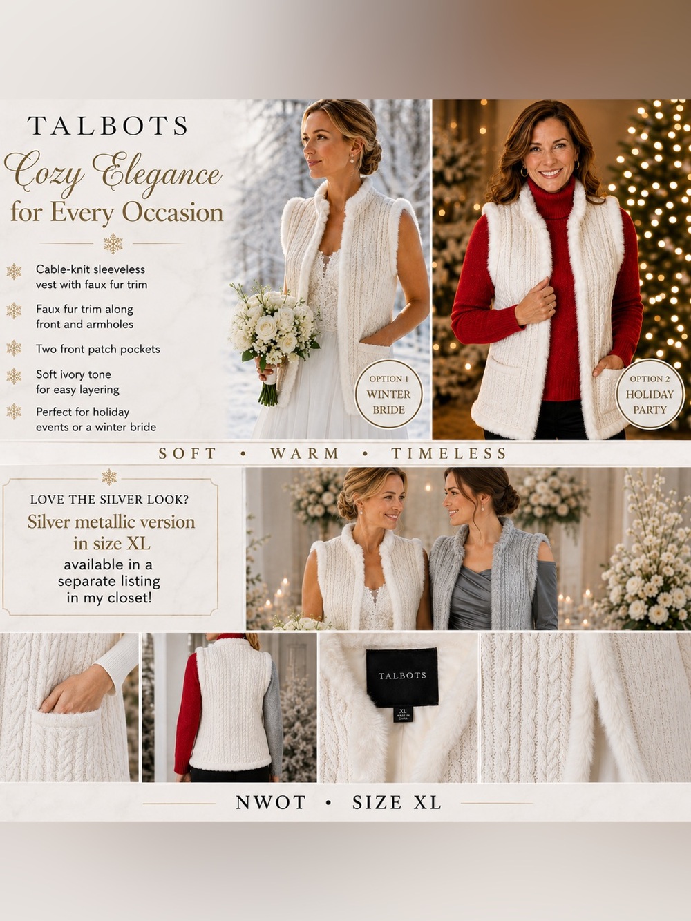 NWOT Talbots Ivory Cable-Knit Faux Fur Trim Sleeveless Vest Size XL
